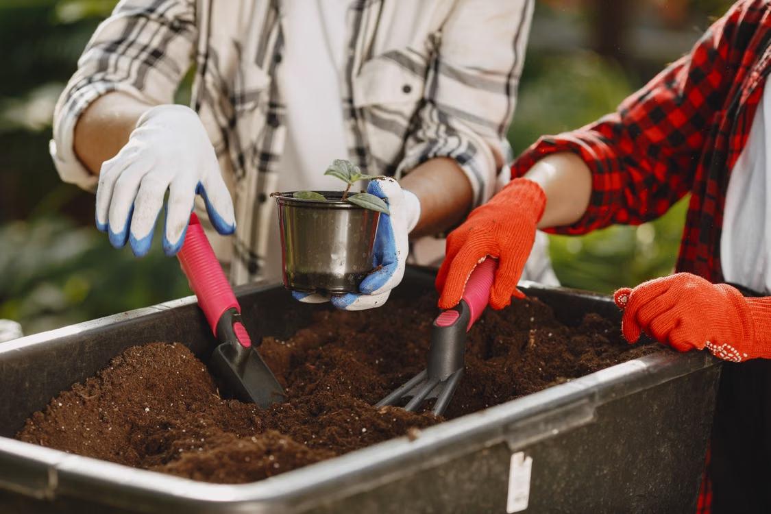 close-up of gardeners working with soil